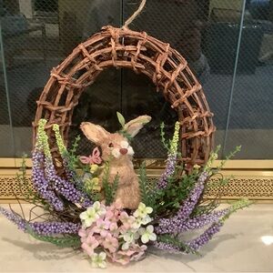 Spring Bunny Grapevine Wreath with Lavender and Pink Blooms by Valerie Parr Hill